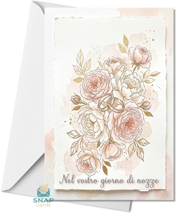 Greeting card featuring a watercolour illustration of blush roses and peonies with two intertwined gold rings and gold leaf details on a soft blush background, with a white envelope behind it.
