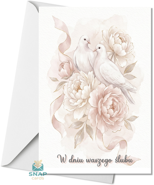 Greeting card featuring a watercolour illustration of two white doves nestled among blush and ivory peonies with gold leaf details and a flowing blush ribbon, with a white envelope behind it.