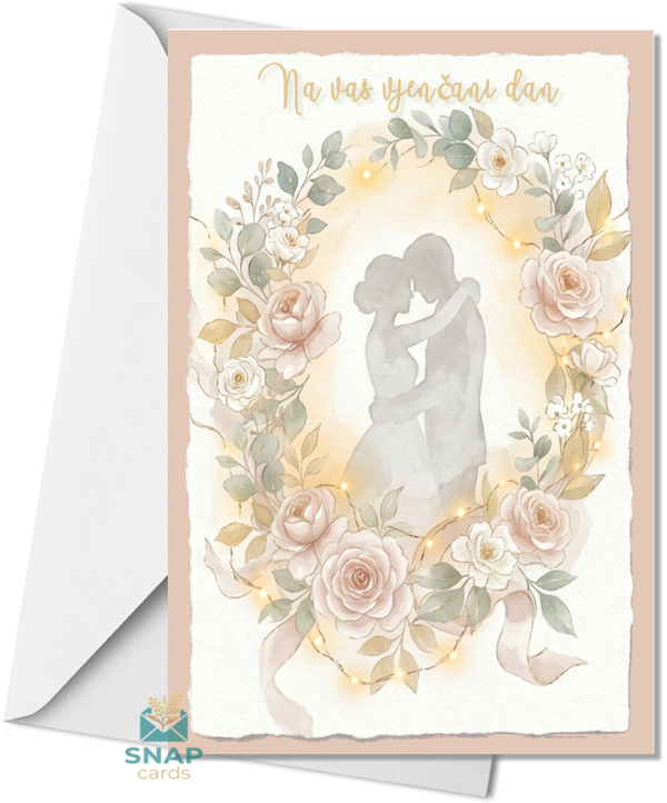 Greeting card featuring a watercolour silhouette of a couple embracing inside a floral wreath of blush roses, white flowers and sage leaves with fairy lights and a flowing ribbon, with a white envelope behind it.