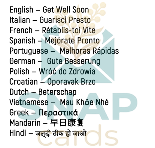 Get well soon card translations in 13 languages: English, Italian, French, Spanish, Portuguese, German, Polish, Croatian, Dutch, Vietnamese, Greek, Mandarin and Hindi, Snapcards Australia