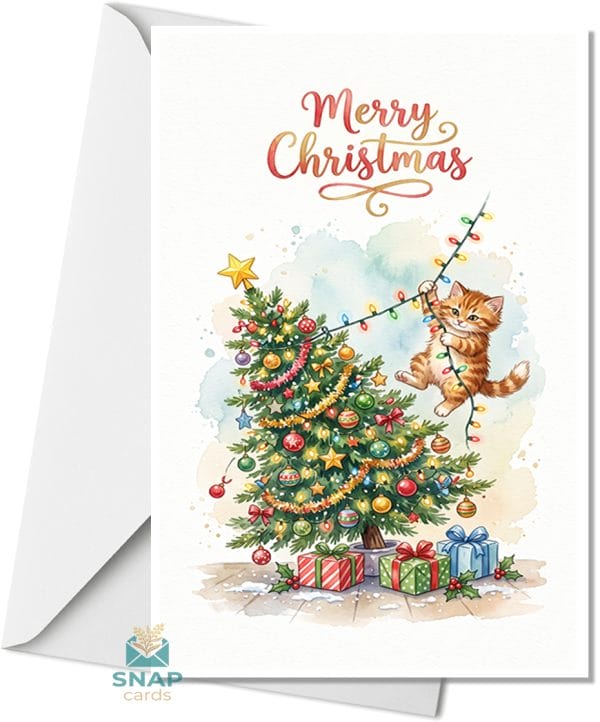 Watercolor Christmas card of a ginger kitten climbing and swinging on fairy lights on a decorated Christmas tree, with "Merry Christmas" script text and wrapped presents below