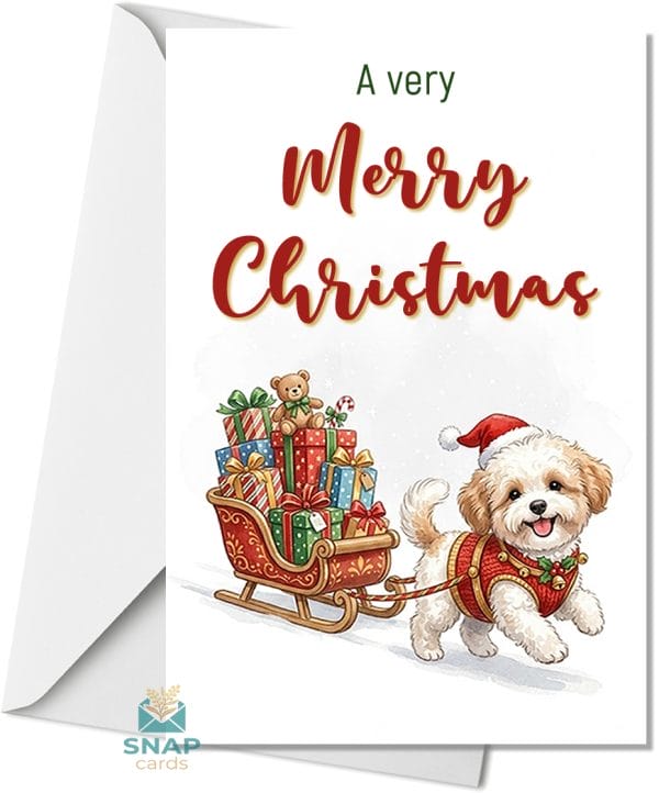 Illustrated Christmas card of a puppy wearing a santa hat and sweater pulling a red sleigh loaded with presents and a teddy bear, with "A very Merry Christmas" text