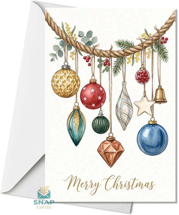Christmas card illustration of a rope garland strung with glass baubles, a gold bell, a star and eucalyptus and wattle greenery, with "Merry Christmas" in gold script