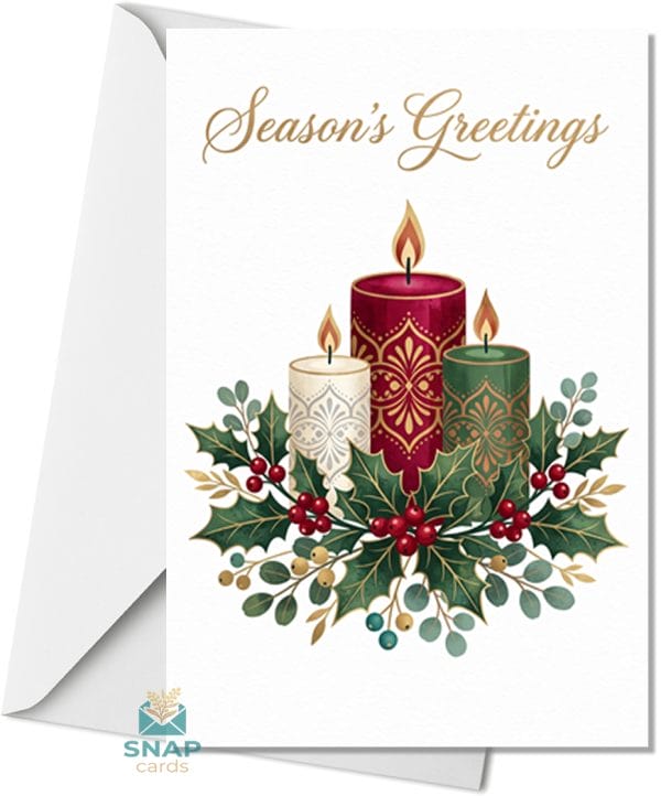 Christmas card illustration of three ornately patterned lit candles surrounded by holly, red berries and eucalyptus, with "Season's Greetings" in gold script