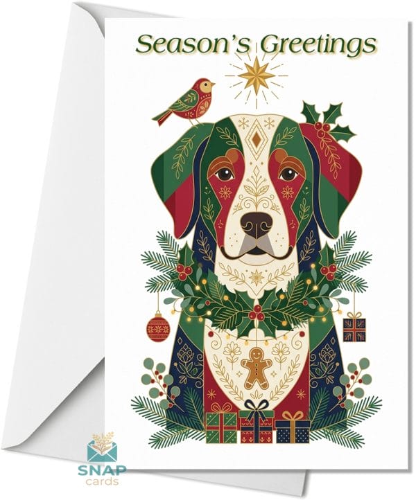 Patchwork folk-art dog Christmas card with holly garland, robin and gold star – Season's Greetings SNAPCARDS