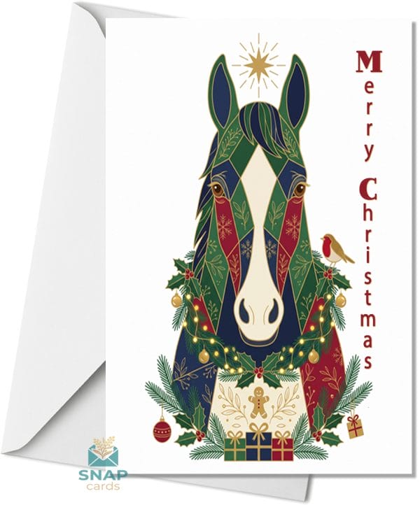 Patchwork folk-art horse Christmas card with holly garland, gold star and robin – Merry Christmas SNAPCARDS