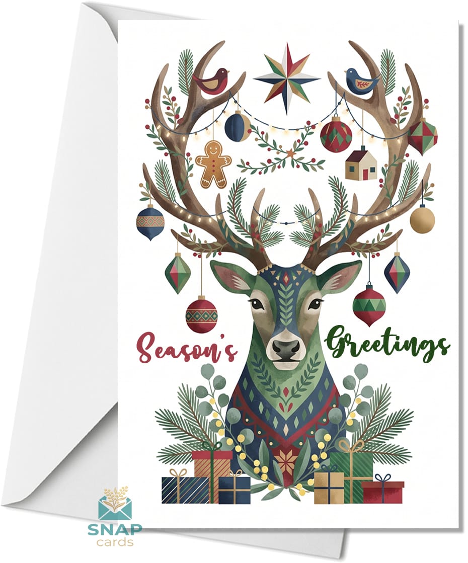 Patchwork folk-art stag Christmas card with decorated antlers, birds and gold star – Season's Greetings SNAPCARDS