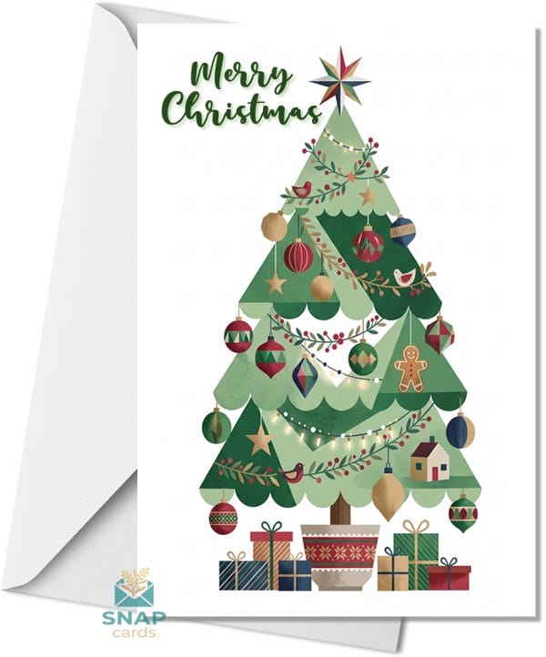 Decorated folk-art Christmas tree card with baubles, gingerbread man and gold star topper – Merry Christmas SNAPCARDS